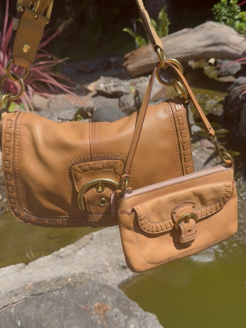 Vintage Y2K Whipstitch Legacy Leather Soho Buckle Flap Shoulder Bag Set